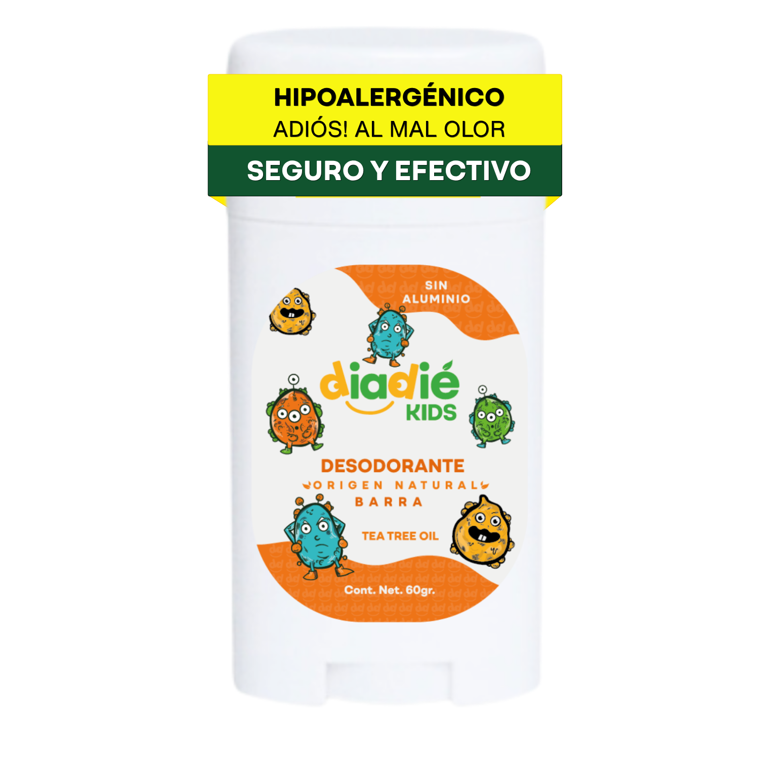 Diadie Kids, Desodorante natural para Niños, Niñas. Original. Infantil. elimina mal olor, sin aluminio, Barra, 60g, 1 Pack