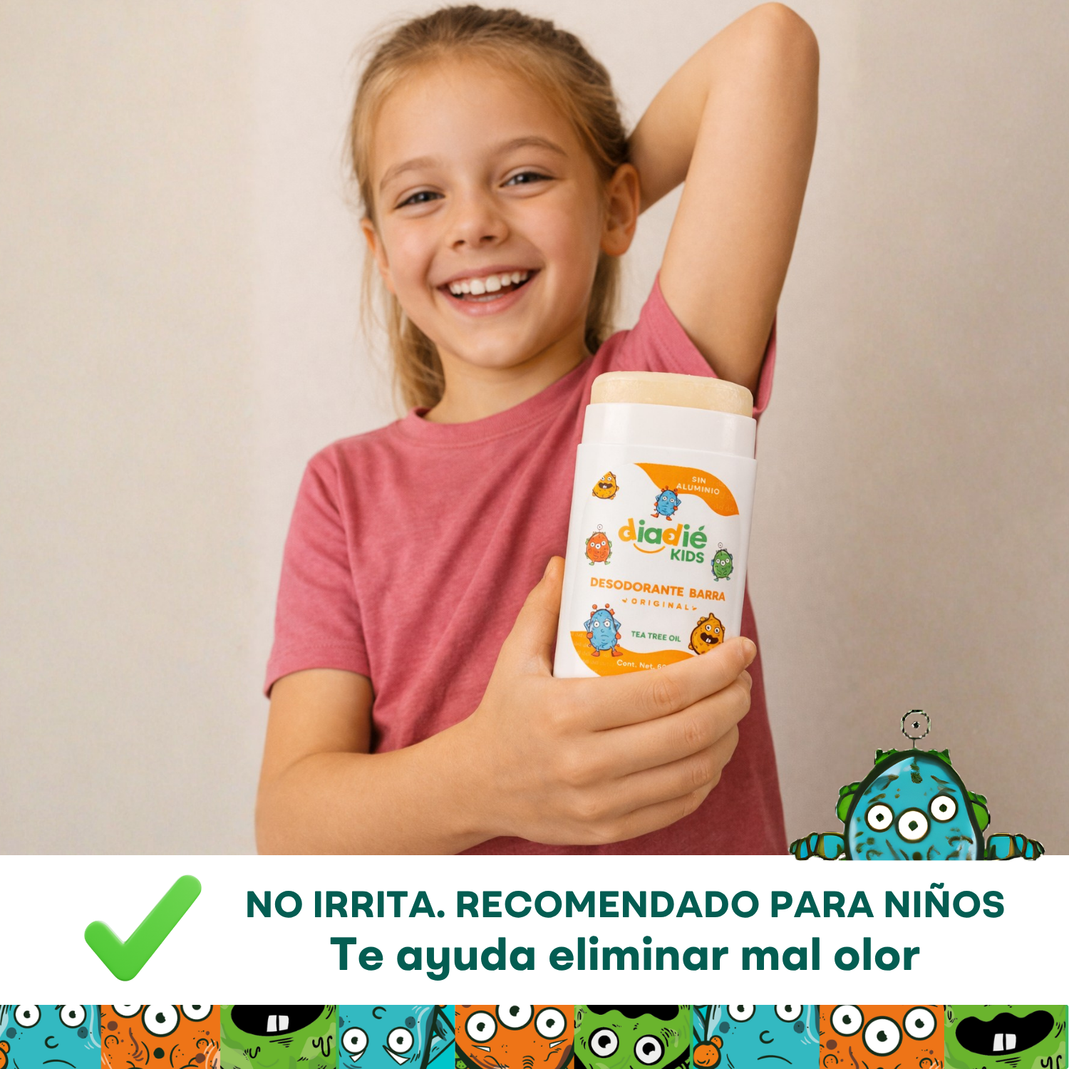 Diadie Kids, Desodorante natural para Niños, Niñas. Original. Infantil. elimina mal olor, sin aluminio, Barra, 60g, 1 Pack