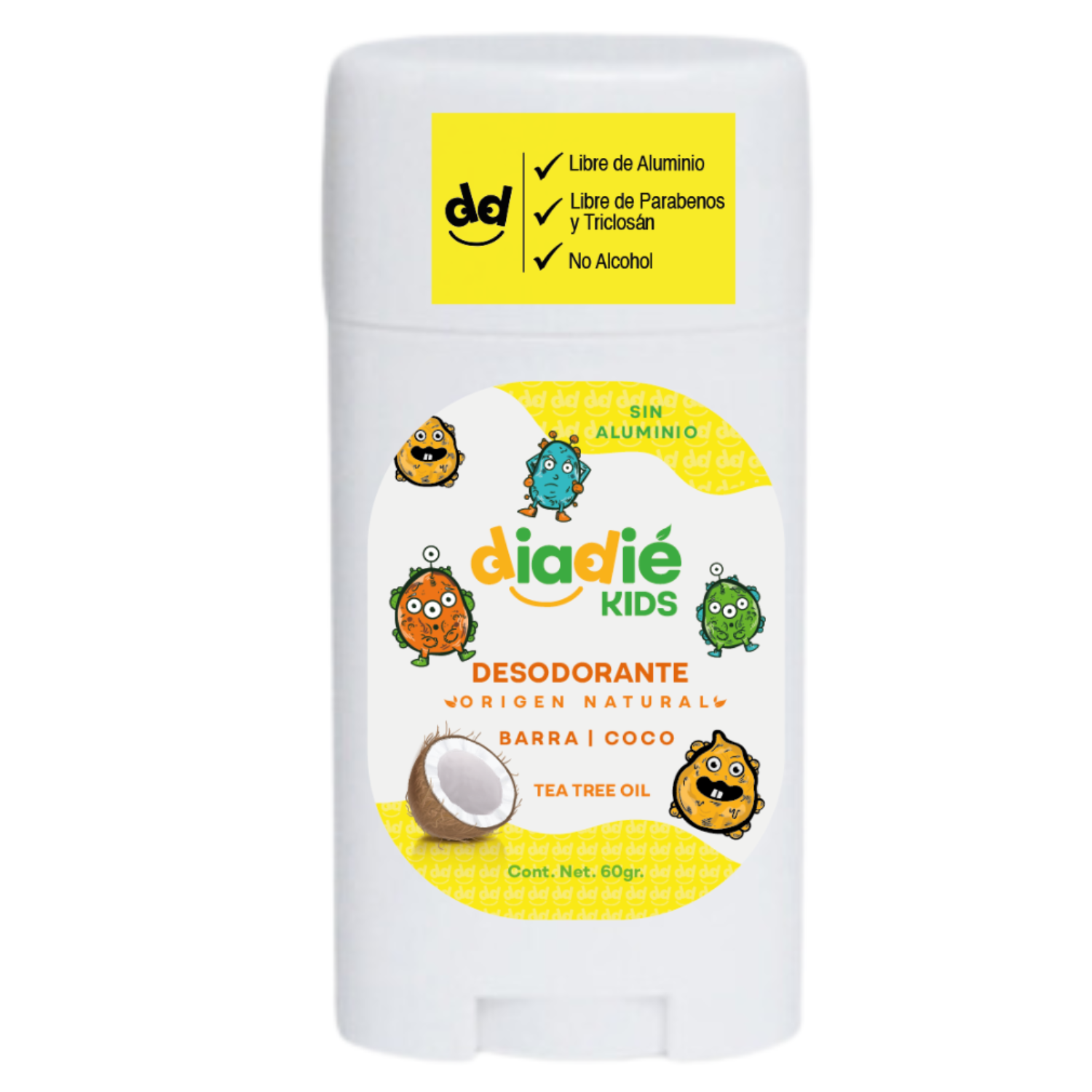 Diadie Kids, Desodorante natural para Niños, Niñas. Coco. Infantil. Elimina mal olor, sin aluminio, Barra, 60g, 1 Pack