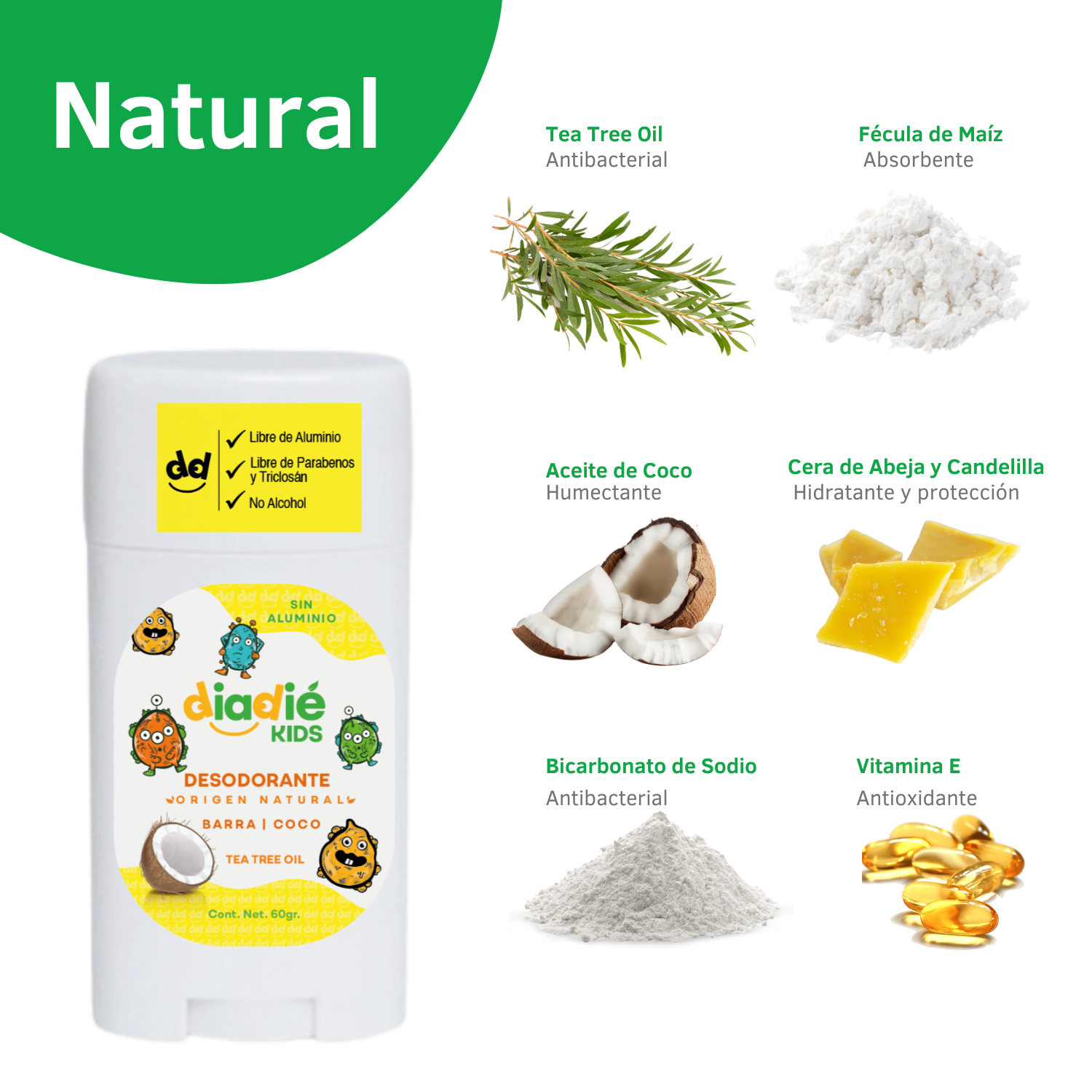Diadie Kids, Desodorante natural para Niños, Niñas. Coco. Infantil. Elimina mal olor, sin aluminio, Barra, 60g, 1 Pack